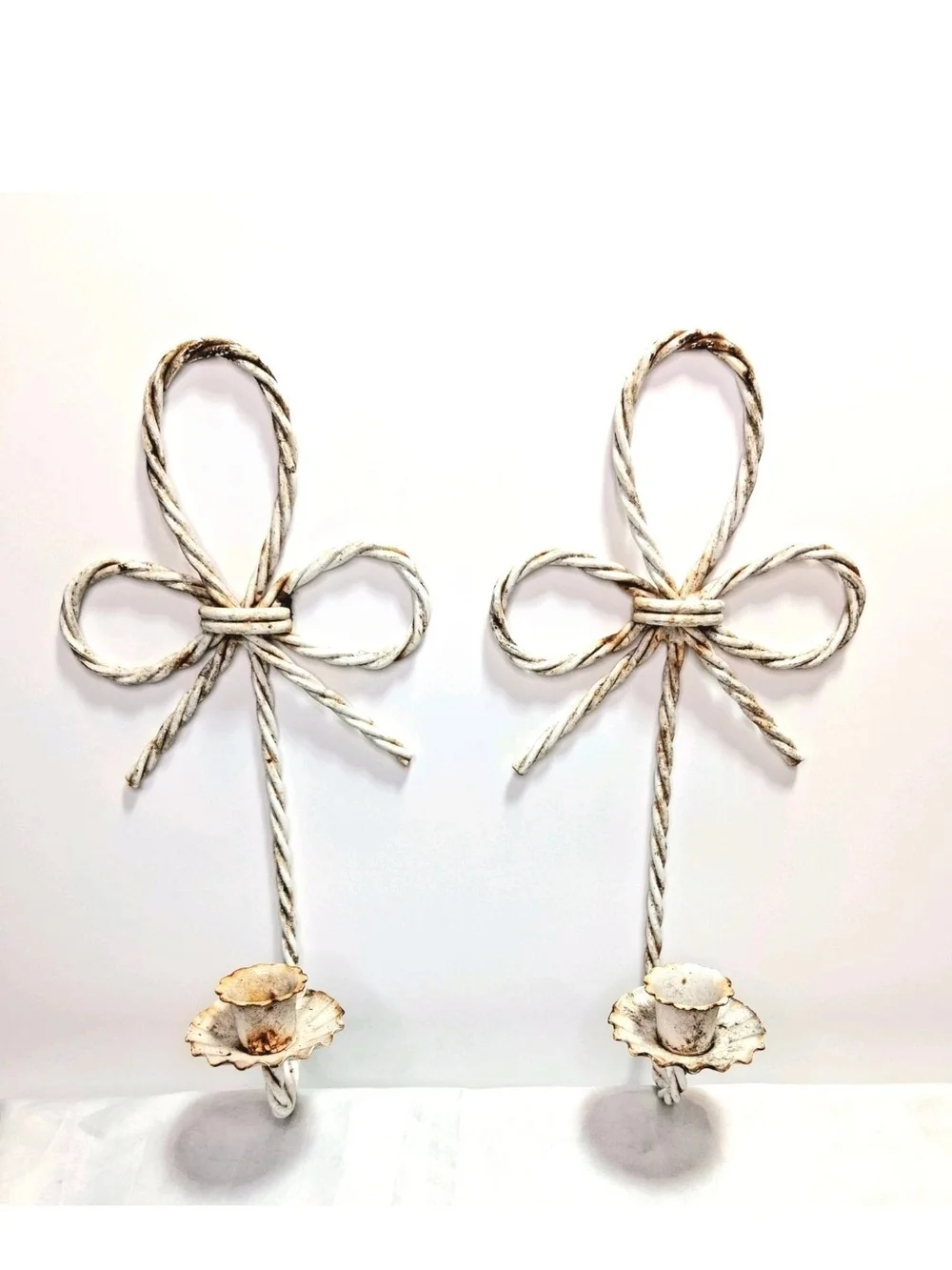 (2) Vintage Wall Sconces White Bow Wall Hanging Rustic Candle Holders 12